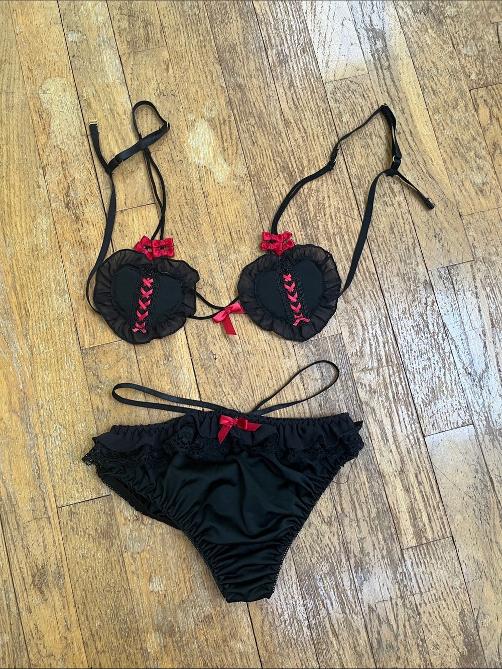 Black & Red Lace-Up Heart Bikini Set